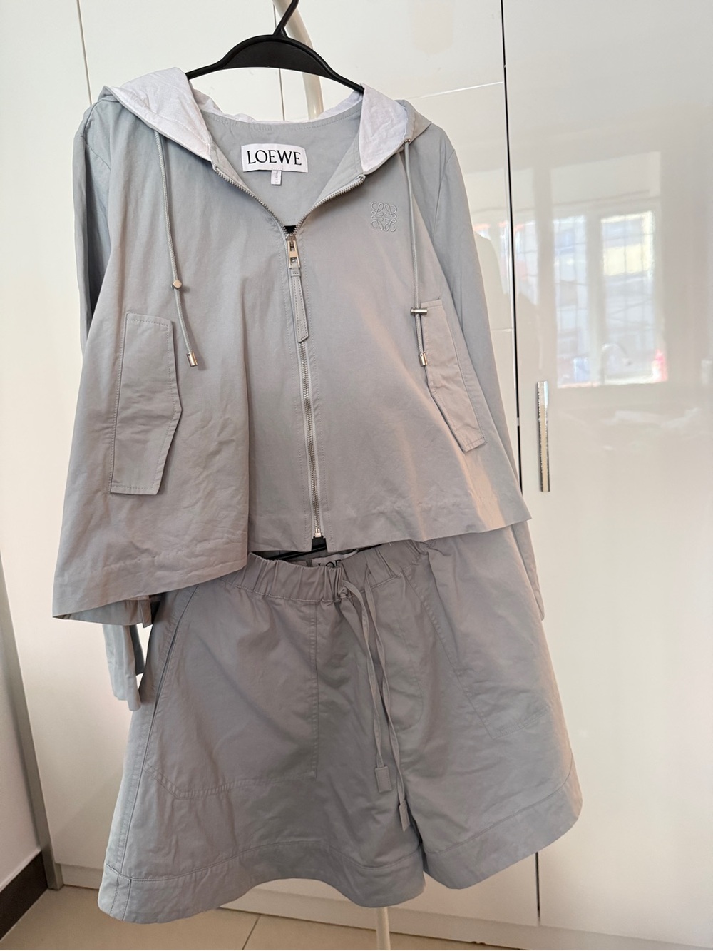 Loewe Pale Gray Hooded Zip Jacket and Drawstring Shorts Set